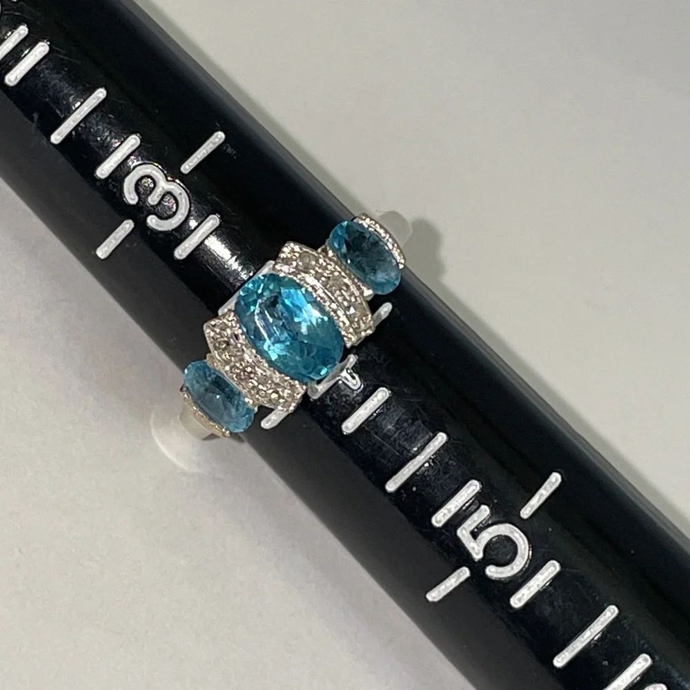 Solid Stamped 14K White Gold Oval Trio Natural Blue Topaz Diamond Ring